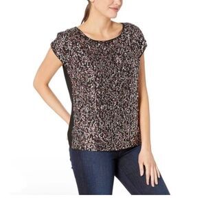 VINCE CAMUTO WOMEN Large Multi Sequined-front Solid Back cap Sleeve Blouse‎